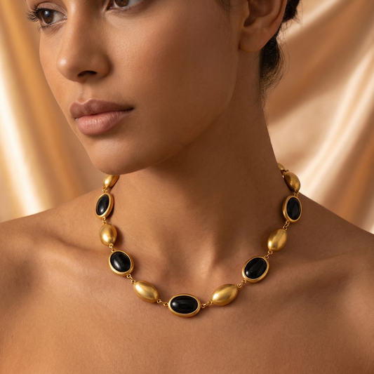 Luxury Oval Opal Link Necklace in Gold | Elegant Stainless Steel Statement Necklace with Czech Opal Stones