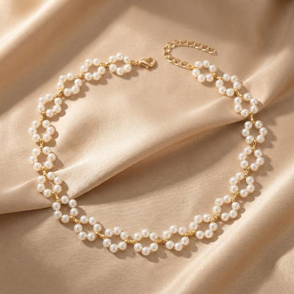 Gold Pearl Floral Necklace | Elegant Short Pearl Chain | Timeless Luxury Accent