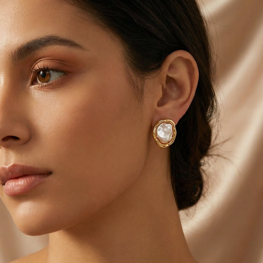 Organic Pearl Stud Earrings with Gold Frame | Modern Sculpted Statement Jewelry