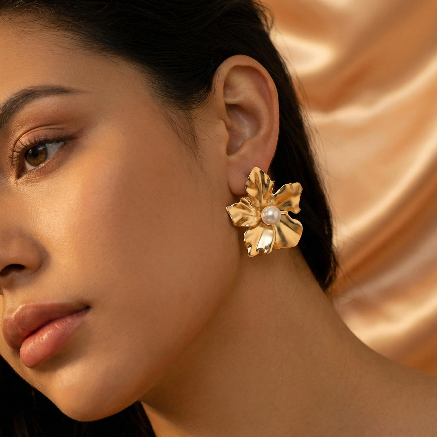 Luxury Sculpted Gold Flower Stud Earrings with Pearl Centre | Statement Botanical Petal Earrings in Polished Gold