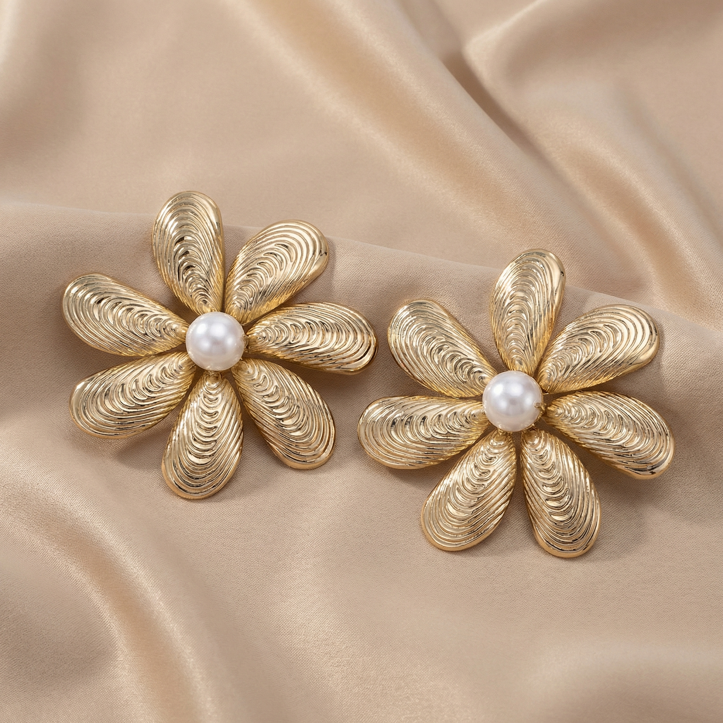 Oversized Gold Floral Statement Earrings with Pearl Centre | Bold Luxury Flower Earrings for Glamorous Evening Style