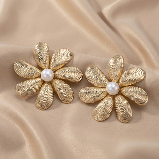 Oversized Gold Floral Statement Earrings with Pearl Centre | Bold Luxury Flower Earrings for Glamorous Evening Style