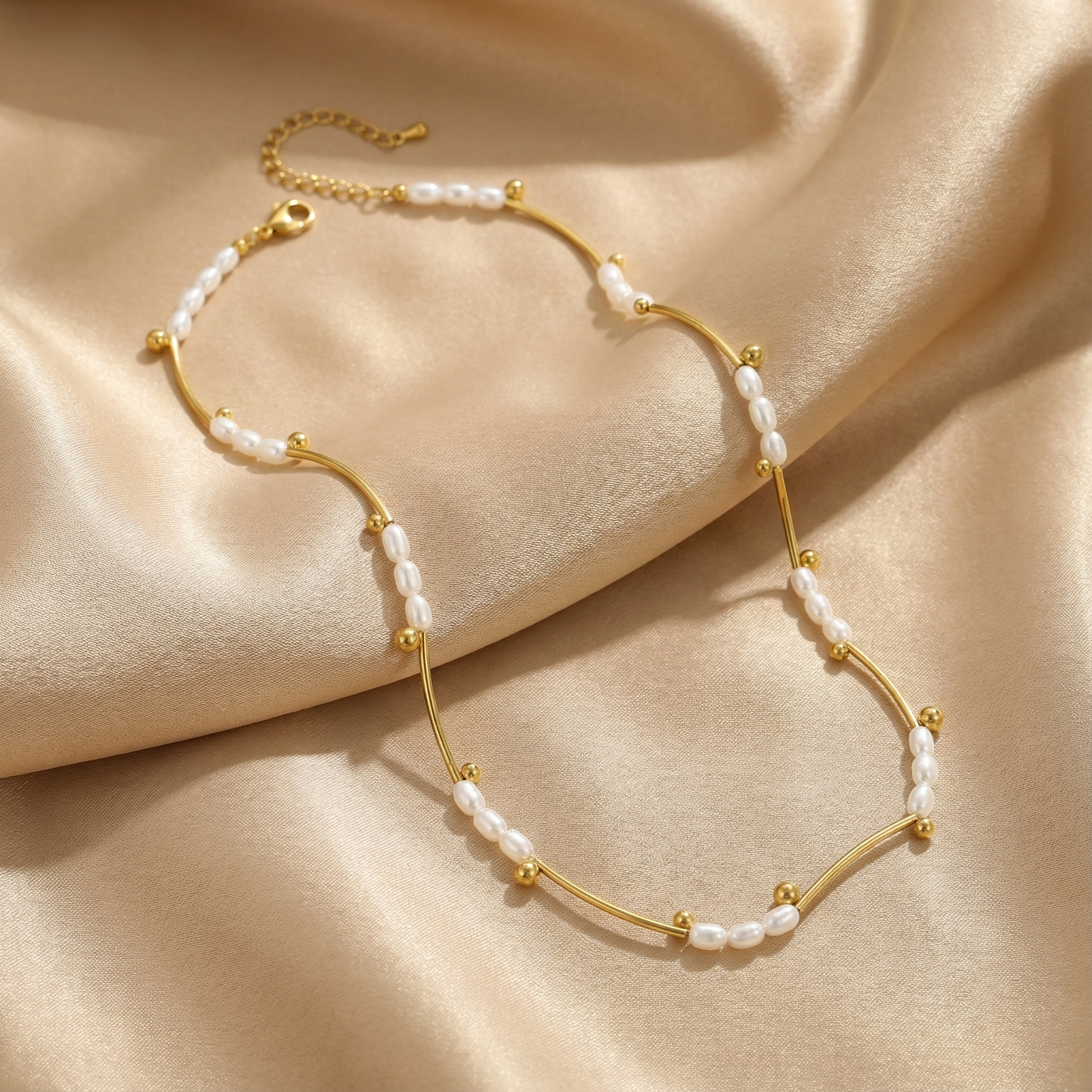 Pearl Wave Necklace | Gold Stainless Steel | Pearl Accent Design | Timeless Everyday Elegance