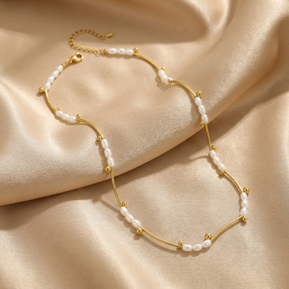 Pearl Wave Necklace | Gold Stainless Steel | Pearl Accent Design | Timeless Everyday Elegance
