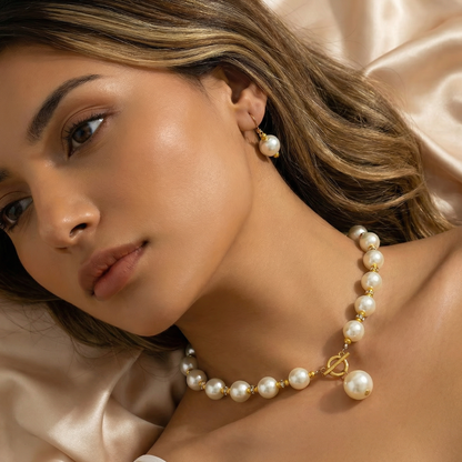 Classic Pearl Necklace with Gold Toggle Clasp | Polished Pearl Beaded Necklace with Gold Accents | Elegant Luxury Statement Jewelry