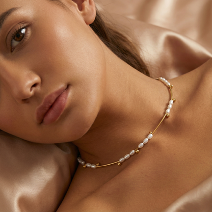 Pearl Wave Necklace | Gold Stainless Steel | Pearl Accent Design | Timeless Everyday Elegance