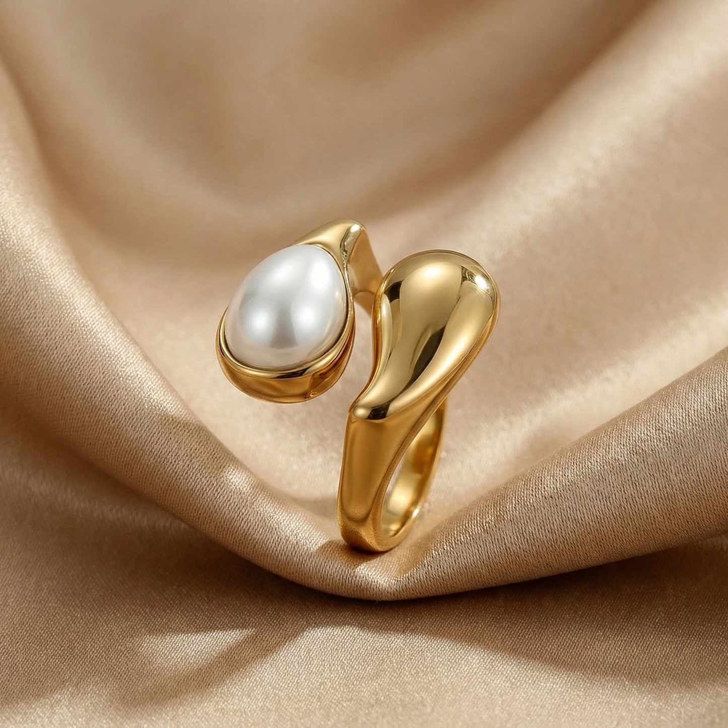 Luxury Sculptural Gold Open Ring with Natural Stone Accent | Modern Organic Statement Ring in Brown Stone or Pearl