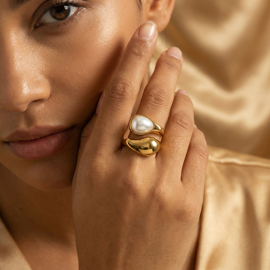 Luxury Sculptural Gold Open Ring with Natural Stone Accent | Modern Organic Statement Ring in Brown Stone or Pearl