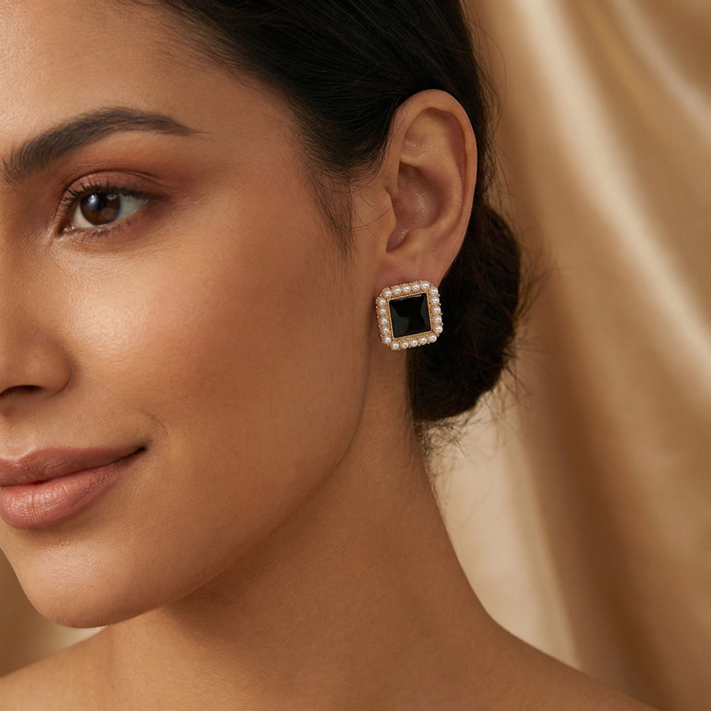 Luxury Black Onyx Pearl Square Stud Earrings in Gold | Elegant Vintage Pearl Frame Statement Jewellery