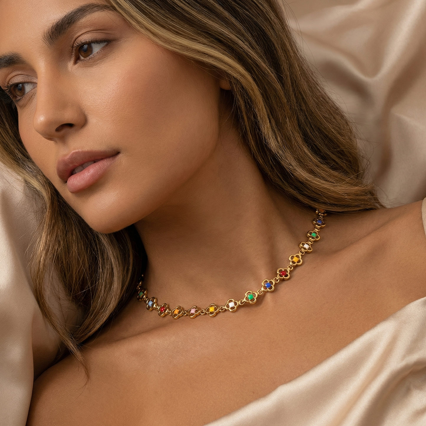 Gold Floral Stainless Steel Necklace with Multicolor Stones | Elegant Chain Necklace | Timeless Statement Jewellery