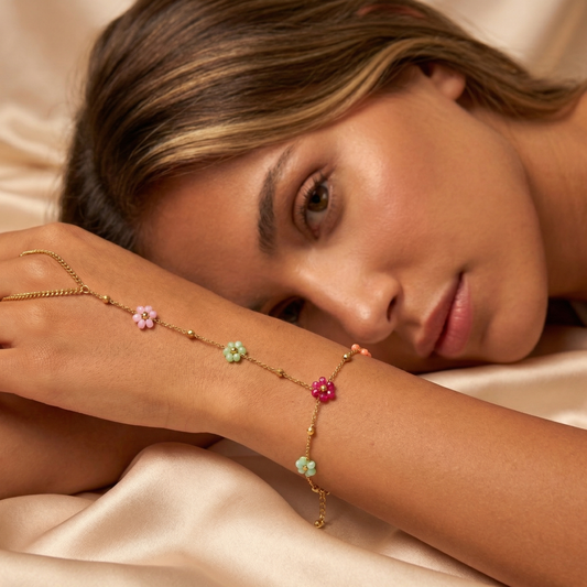 Colorful Floral Beaded Bracelet in Gold with Pastel Details | Cute Adjustable Women’s Bracelet for Spring & Summer