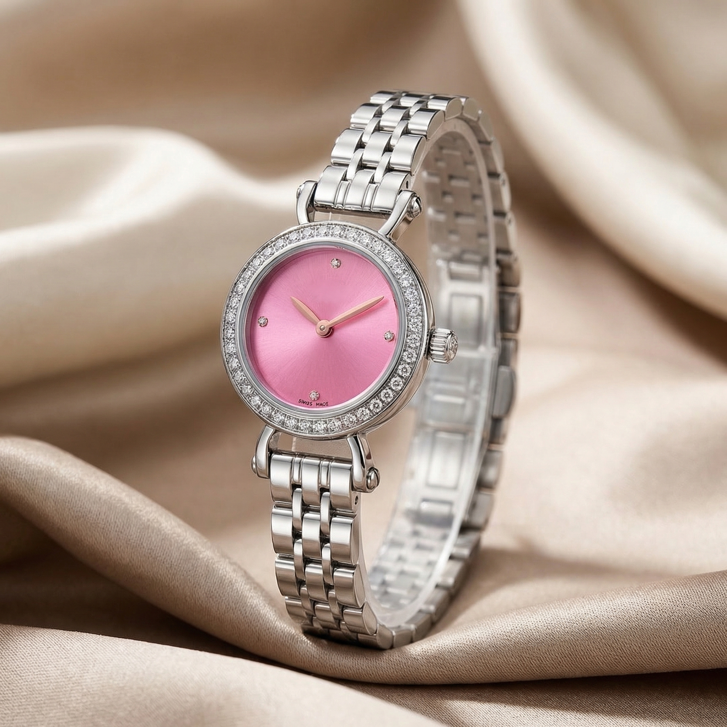 Luxury Crystal Bezel Petite Bracelet Watch with Sunburst Dial | Elegant Women’s Timepiece in Midnight Blue, White & Pink