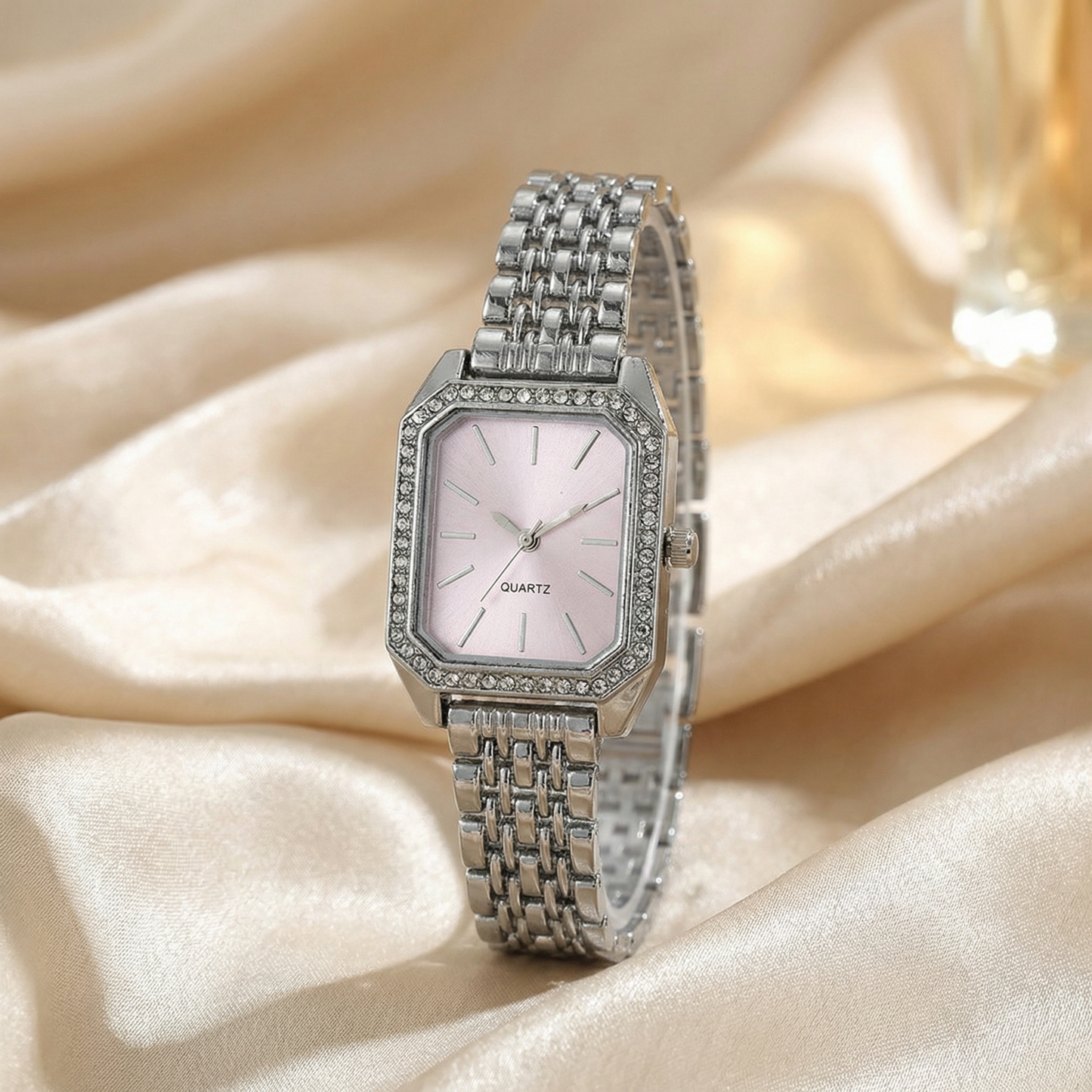 Luxury Silver Quartz Watch with Crystal Bezel | Elegant Stainless Steel Ladies Watch | Rectangular Dial