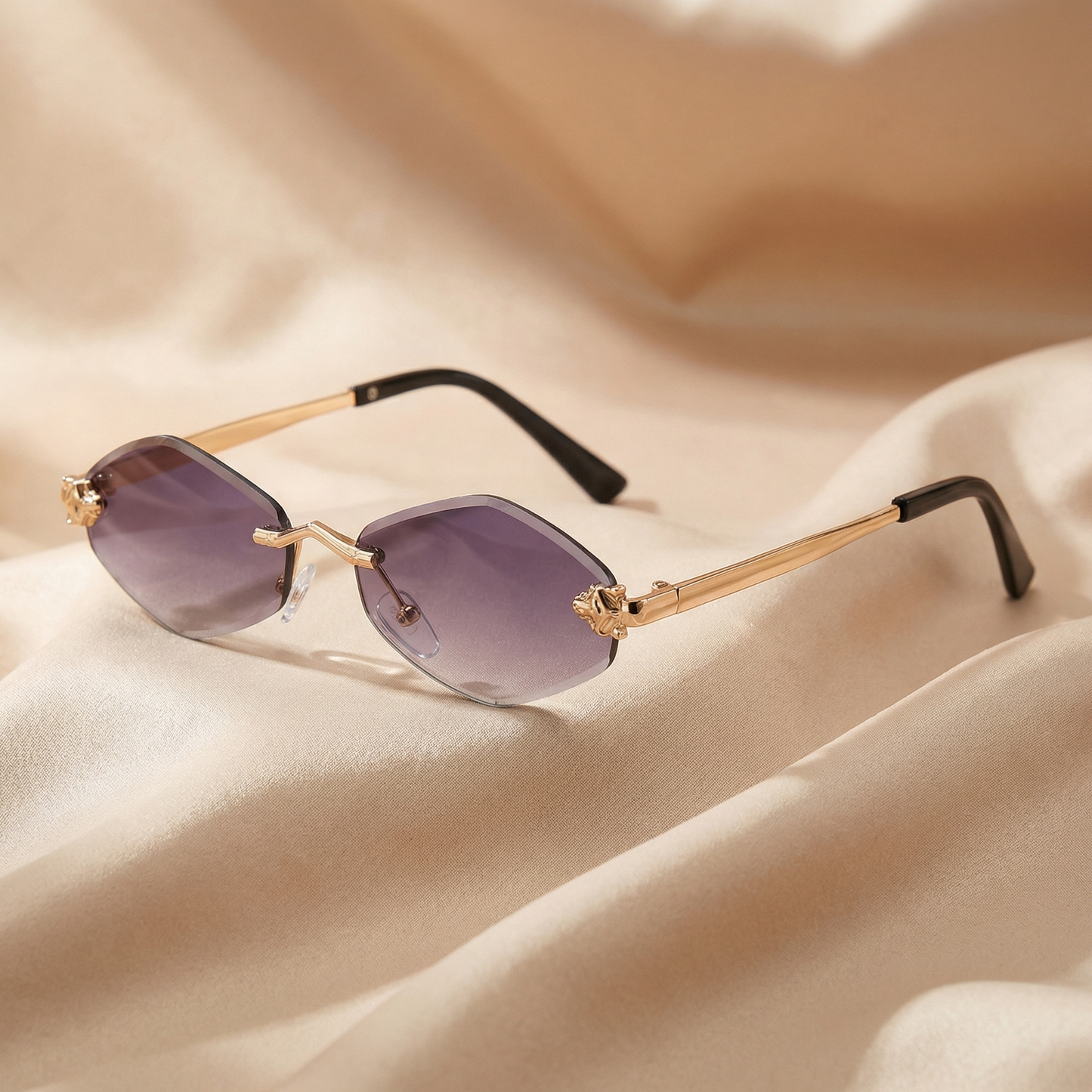 Luxury Rimless Hexagon Sunglasses in Gold with Gradient Lenses | Elegant Designer Metal Frame Sunglasses