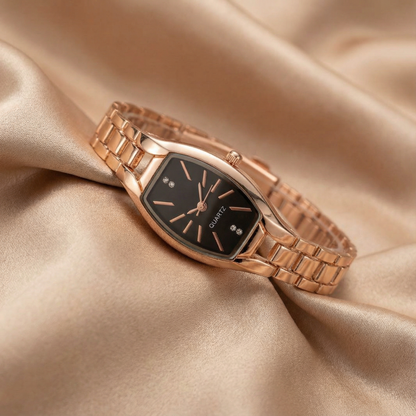 Rose & Silver Oval Bracelet Watch for Women | Stainless Steel Watch | Black Dial | Minimal Crystal Accents