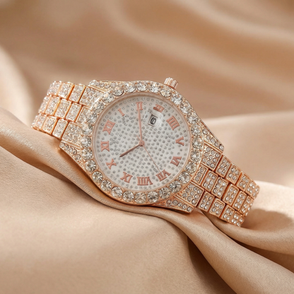 Luxury Crystal Roman Dial Watch in Gold, Silver & Rose Gold | Statement Diamond Timepiece with Date Display