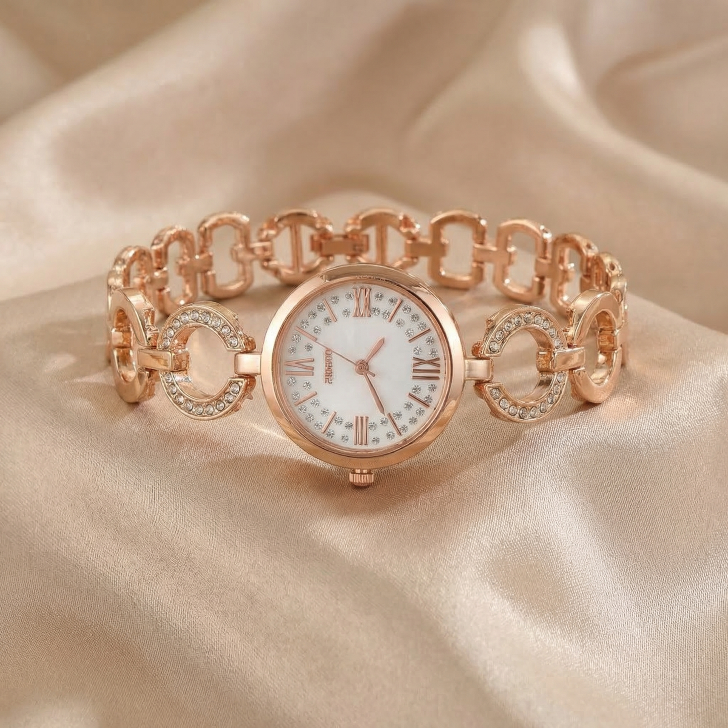 Luxury Crystal Link Bracelet Watch in Gold, Silver & Rose Gold | Elegant Roman Dial Jewellery Timepiece