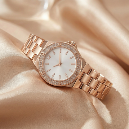 Luxury Crystal Bezel Bracelet Watch with Minimalist Dial | Elegant Women’s Dress Watch in Rose Gold, Gold & Silver