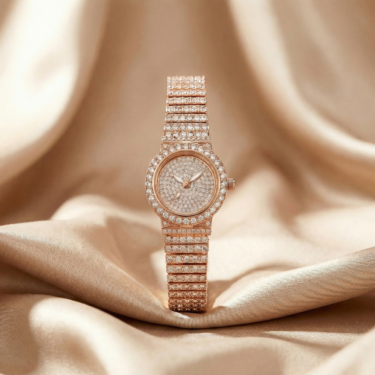 Rose Gold & Silver Luxury Crystal Watch | Full Pavé Dial Stainless Steel Quartz Watch | Elegant Statement Timepiece