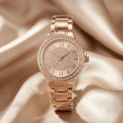 Elegant Crystal Dial Bracelet Watch in Gold, Rose Gold & Silver | Stainless Steel Quartz Watch with Roman Numerals