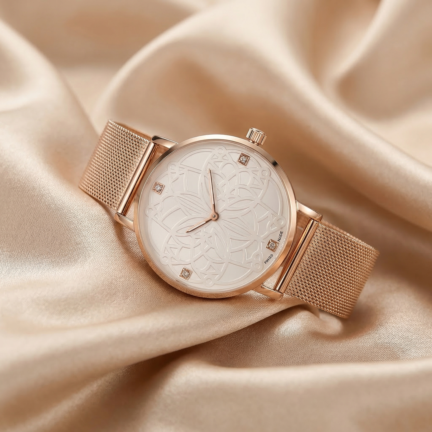 Luxury Floral Engraved Mesh Watch in Silver & Rose Gold | Elegant Minimalist Dial Timepiece with Magnetic Strap