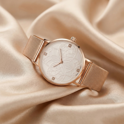 Luxury Floral Engraved Mesh Watch in Silver & Rose Gold | Elegant Minimalist Dial Timepiece with Magnetic Strap