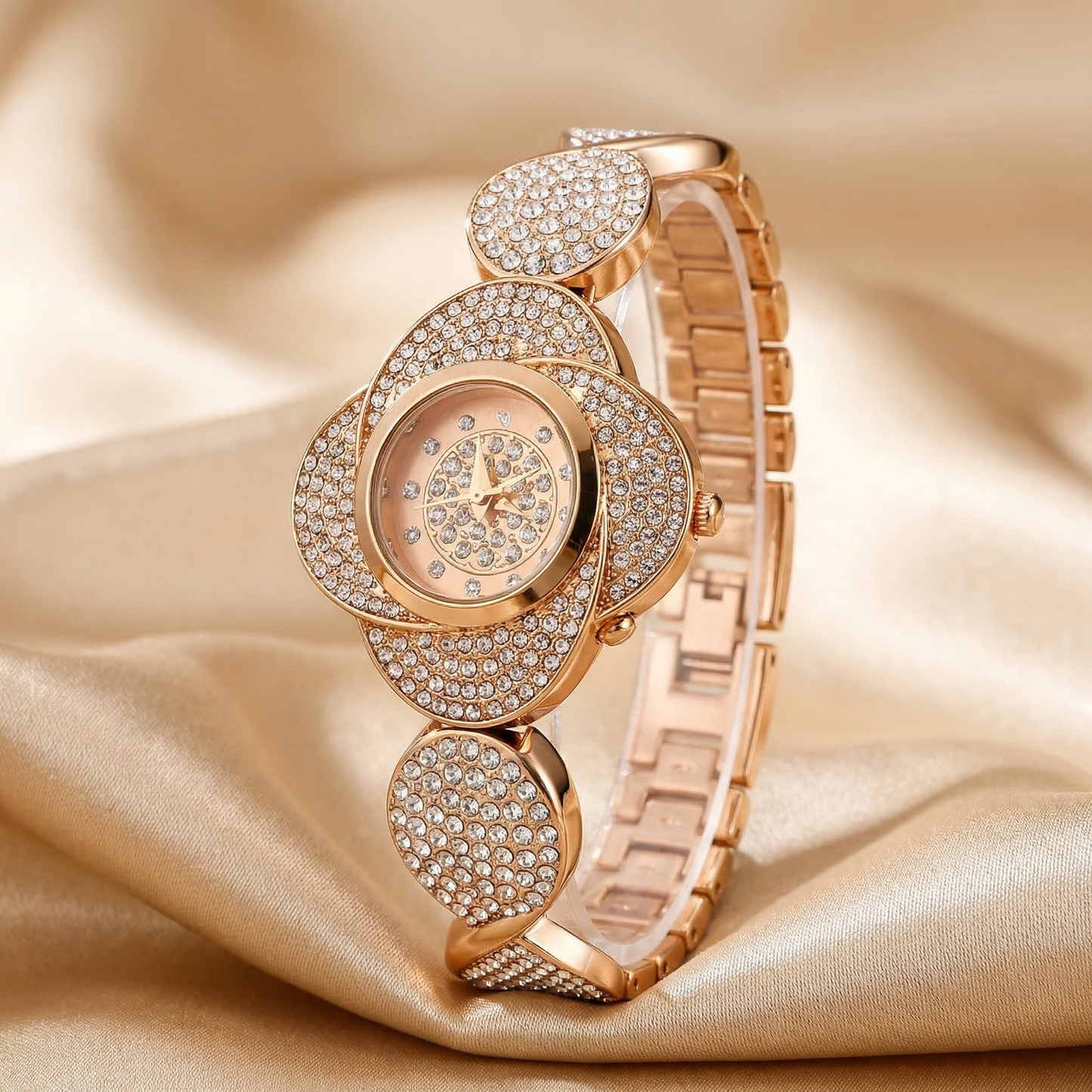 Luxury Crystal Clover Bracelet Watch in Gold, Silver & Rose Gold | Elegant Floral Diamond Statement Timepiece