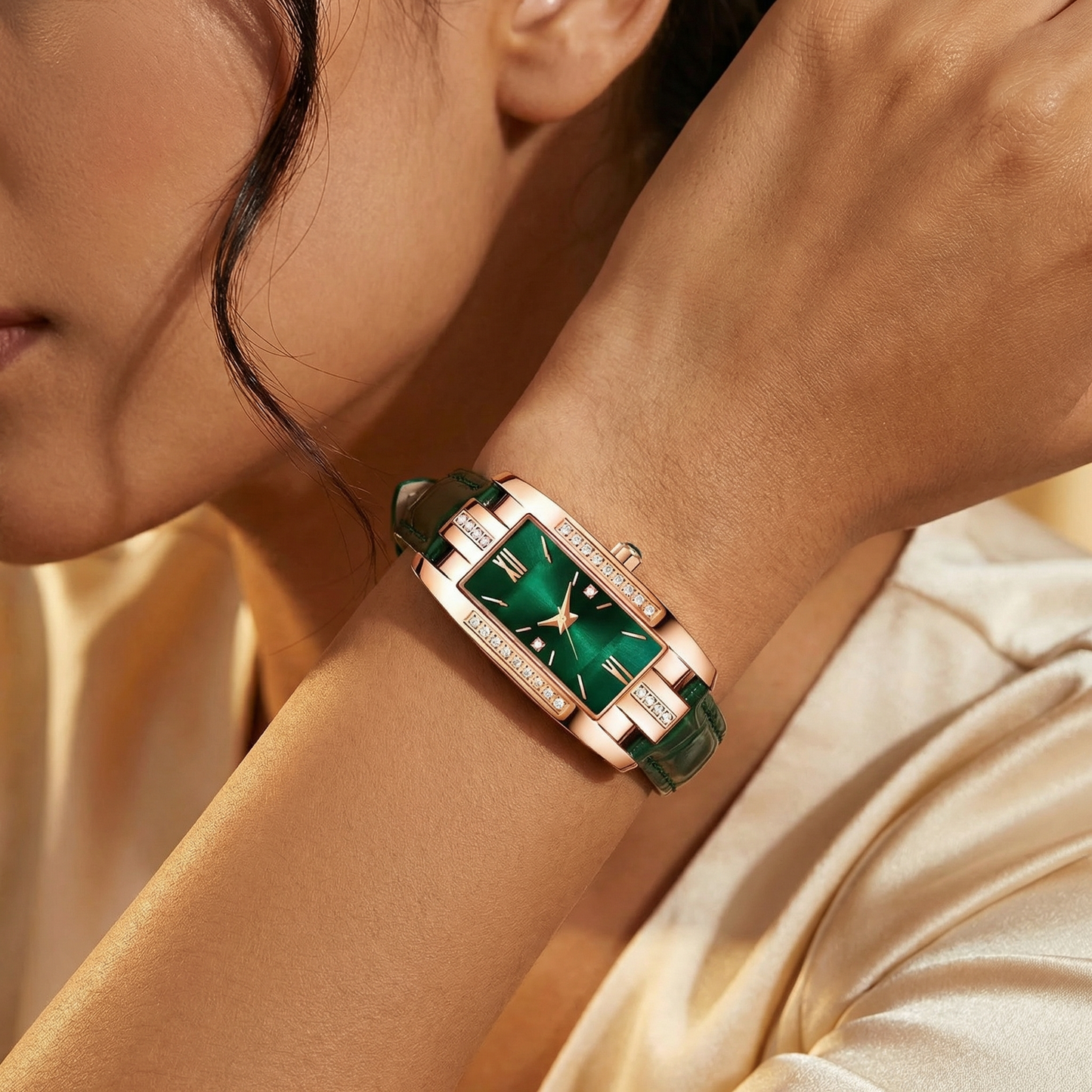 Elegant Rectangular Crystal Watch in Rose Gold | Refined Leather Strap Timepiece for Everyday Chic Style