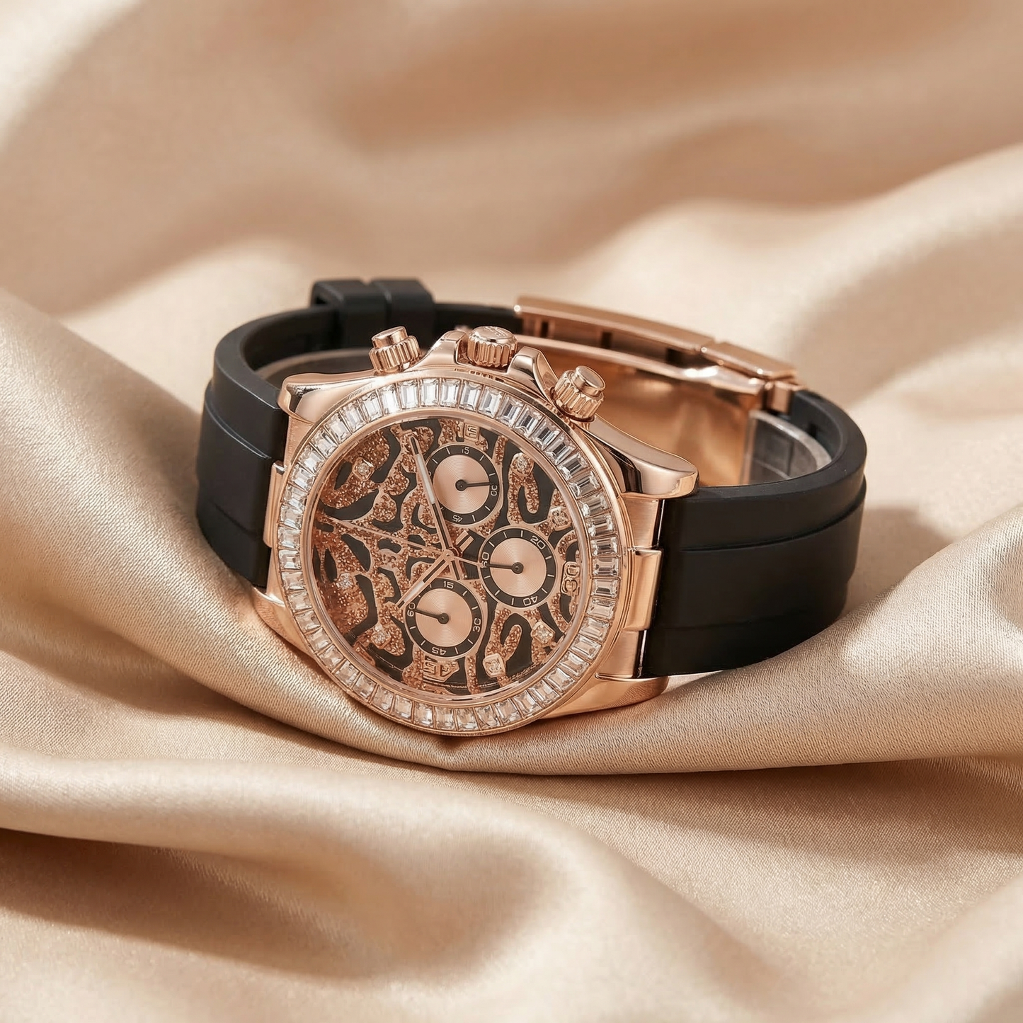 Luxury Leopard Dial Crystal Watch in Gold, Silver & Rose Gold | Diamond Bezel Statement Timepiece