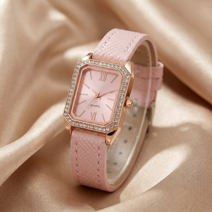 Rose Gold Rectangular Crystal Watch for Women | Rose Gold Case | White Pink Black Strap Options | Crystal Bezel Timepiece