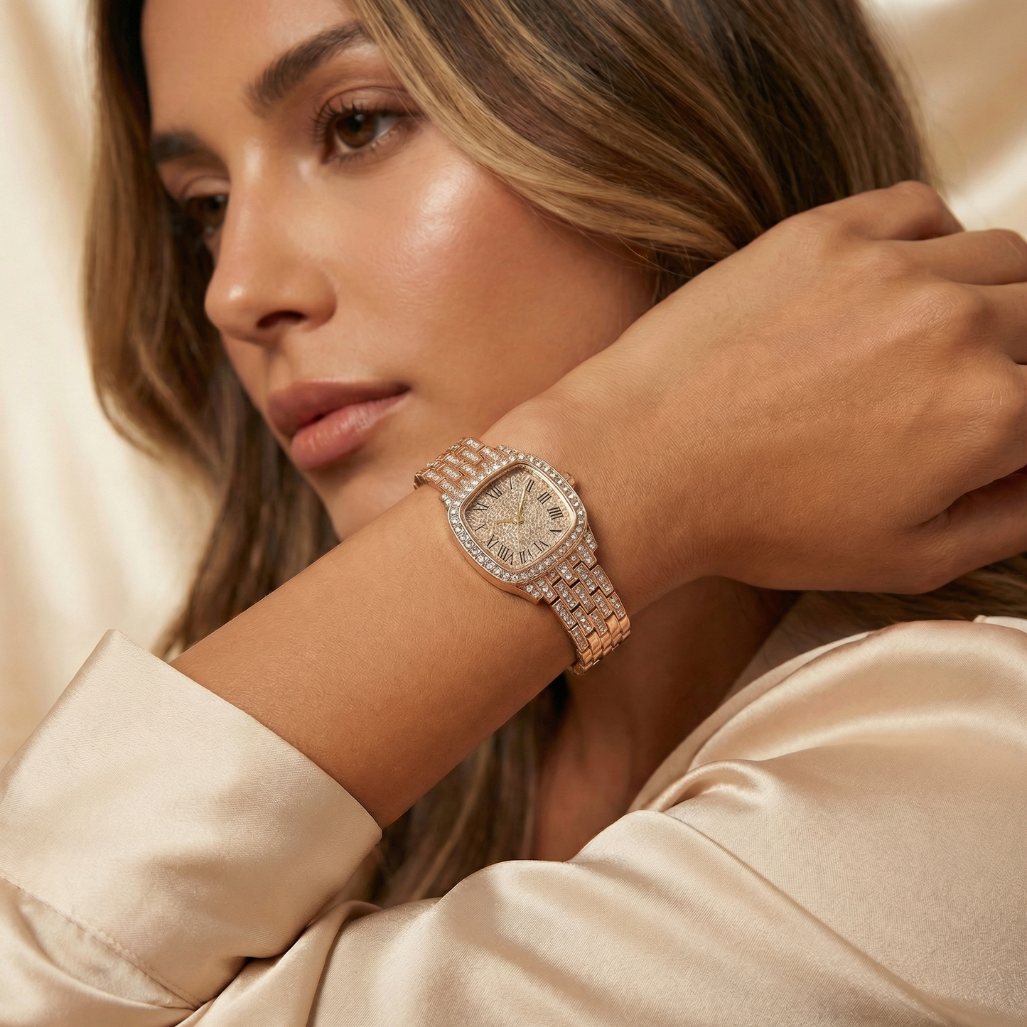 Stainless Steel Watch with Crystal Bracelet | Gold, Rose Gold & Silver Variants | Elegant Luxury Quartz Watch