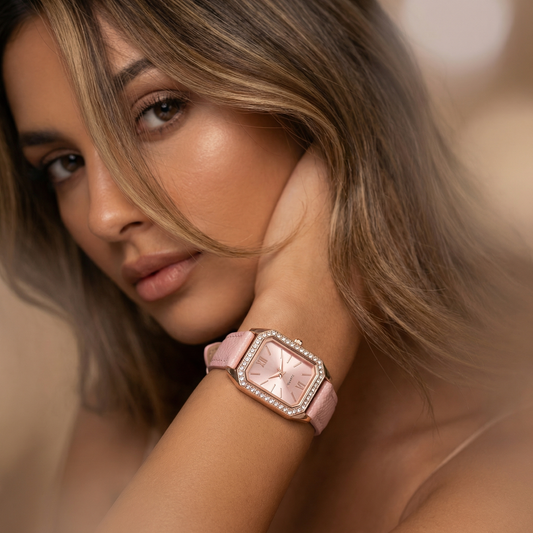 Rose Gold Rectangular Crystal Watch for Women | Rose Gold Case | White Pink Black Strap Options | Crystal Bezel Timepiece