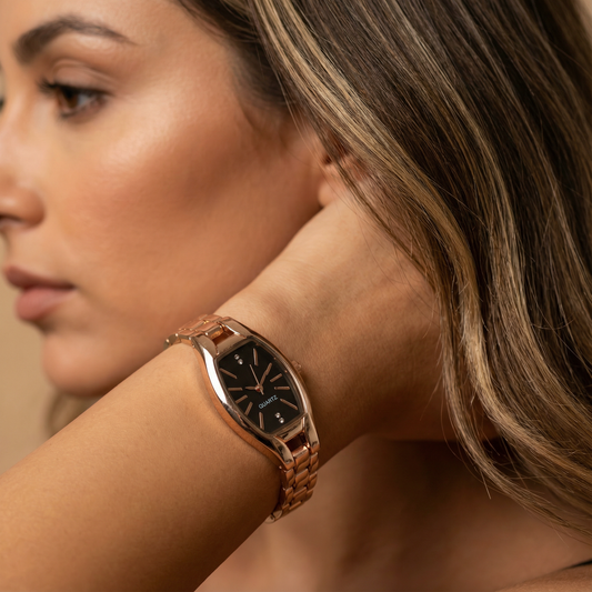 Rose & Silver Oval Bracelet Watch for Women | Stainless Steel Watch | Black Dial | Minimal Crystal Accents