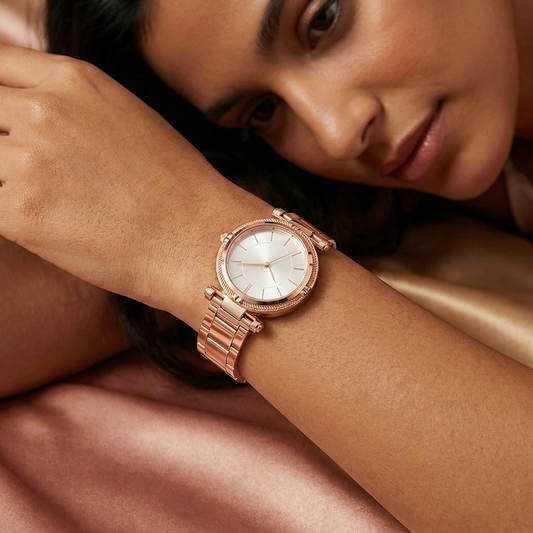 Luxury Rose Gold Bracelet Watch with Textured Bezel | Elegant Minimalist Women’s Timepiece in Black & White