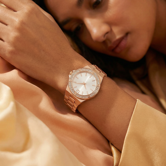 Luxury Crystal Bezel Bracelet Watch with Minimalist Dial | Elegant Women’s Dress Watch in Rose Gold, Gold & Silver