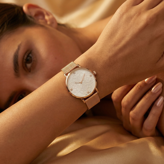 Luxury Floral Engraved Mesh Watch in Silver & Rose Gold | Elegant Minimalist Dial Timepiece with Magnetic Strap