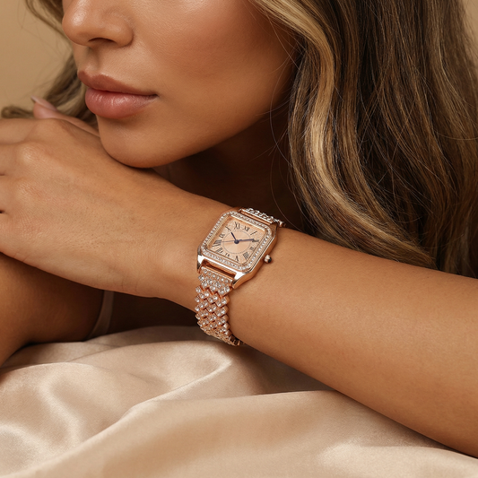 Rectangular Crystal Bracelet Watch for Women | Silver & Rose Gold Stainless Steel Watch | Classic Roman Dial | Luxury Crystal Timepiece
