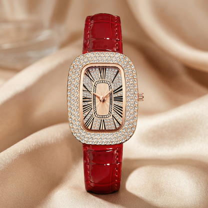 Crystal Rectangular Statement Watch with Crocodile-Style Strap in Red, Black & Green | Elegant Quartz Watch with Diamond-Style Bezel