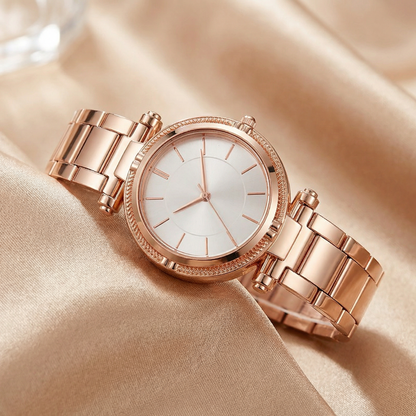 Luxury Rose Gold Bracelet Watch with Textured Bezel | Elegant Minimalist Women’s Timepiece in Black & White