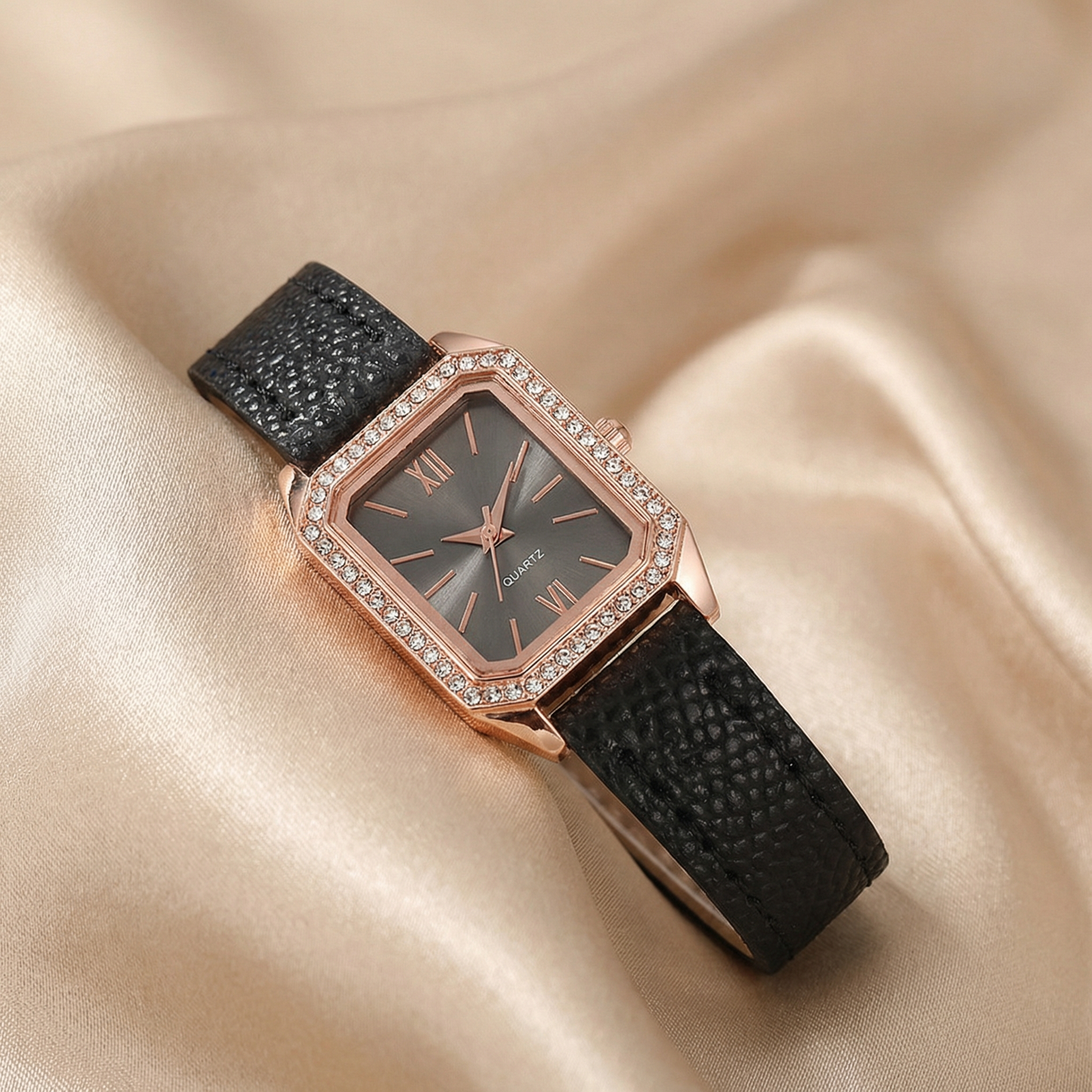 Rose Gold Rectangular Crystal Watch for Women | Rose Gold Case | White Pink Black Strap Options | Crystal Bezel Timepiece