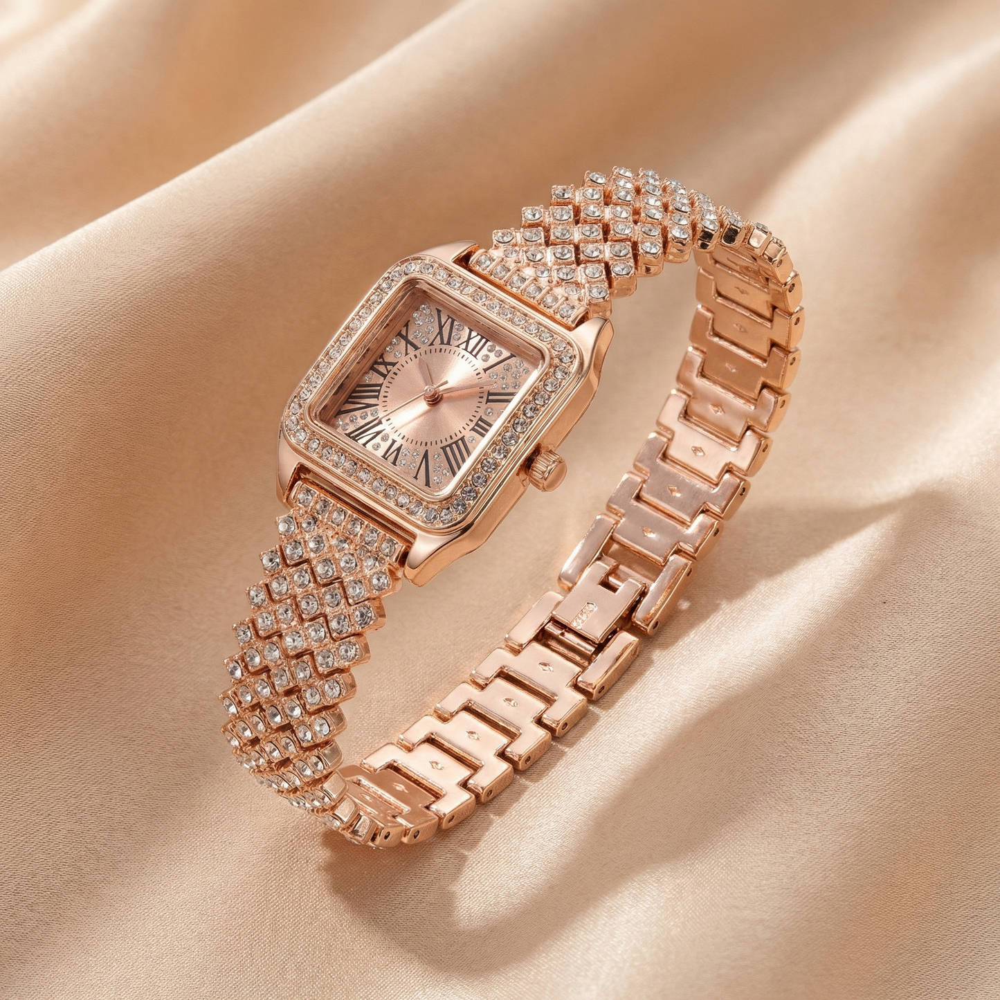 Gold, Silver & Rose Gold Square Bracelet Watch for Women | Crystal Link Bracelet | Roman Dial Timepiece