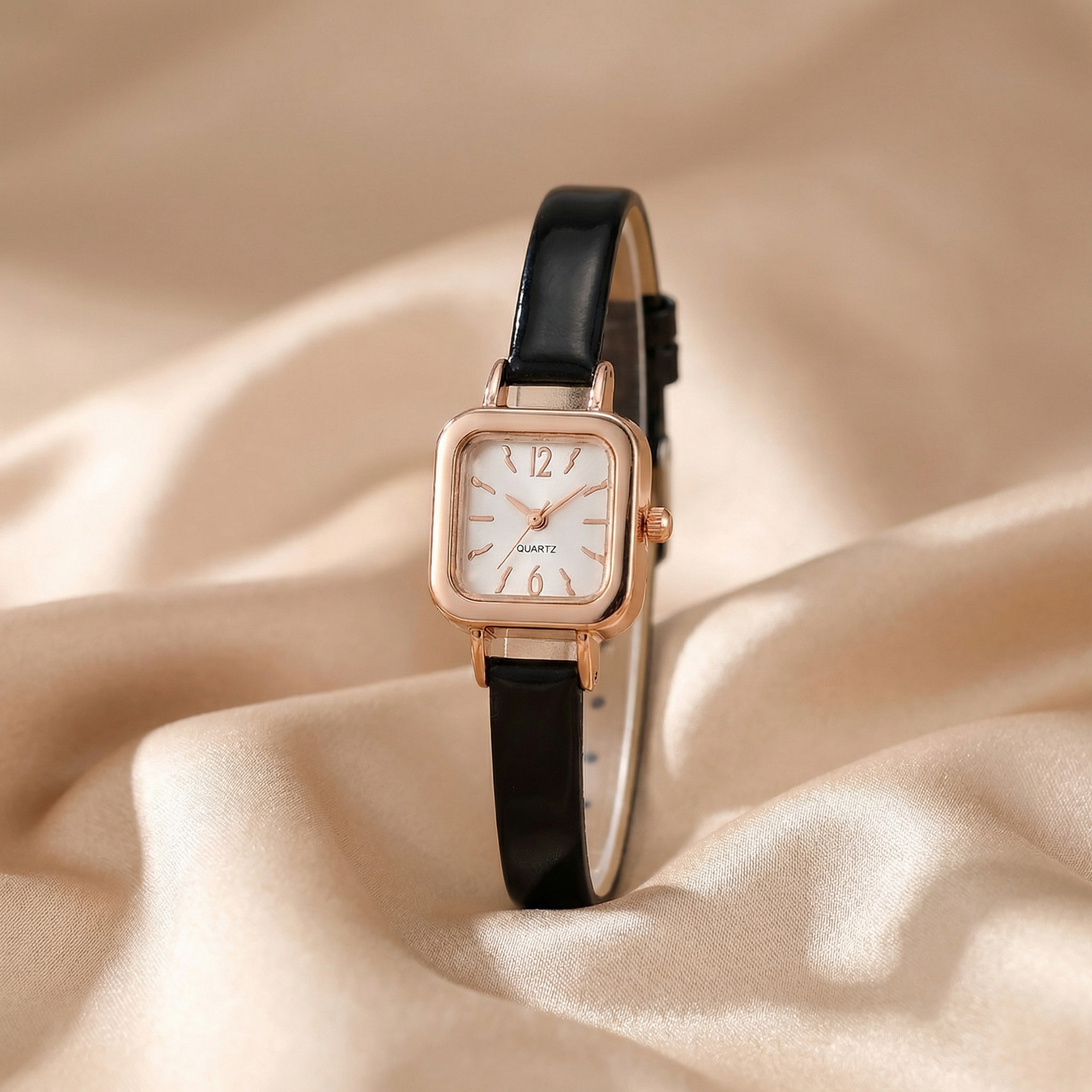 Rose Gold Square Leather Watch | Minimal Quartz Wristwatch with Black & Brown Leather Strap | Elegant Luxury Timepiece