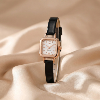 Rose Gold Square Leather Watch | Minimal Quartz Wristwatch with Black & Brown Leather Strap | Elegant Luxury Timepiece