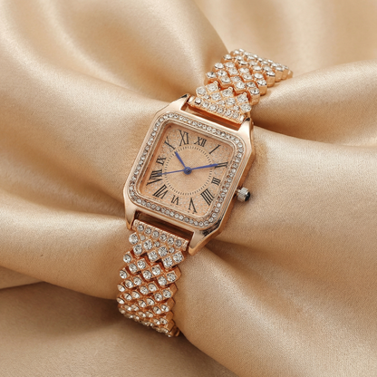 Rectangular Crystal Bracelet Watch for Women | Silver & Rose Gold Stainless Steel Watch | Classic Roman Dial | Luxury Crystal Timepiece