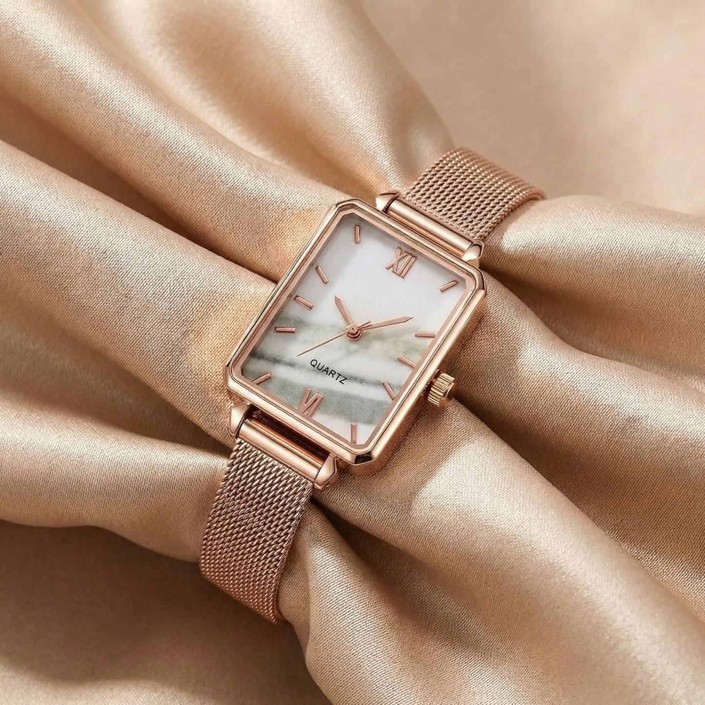 Rose Gold Rectangular Mesh Watch for Women | Rose Gold Stainless Steel Watch | Black Marble Brown Dial Options | Minimalist Timepiece