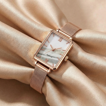 Rose Gold Rectangular Mesh Watch for Women | Rose Gold Stainless Steel Watch | Black Marble Brown Dial Options | Minimalist Timepiece