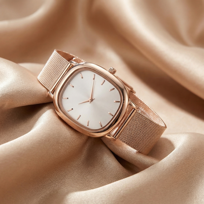Gold Rose Gold Silver Minimal Square Mesh Watch for Women | Gold Rose Gold Silver Stainless Steel Watch | White Dial Timepiece