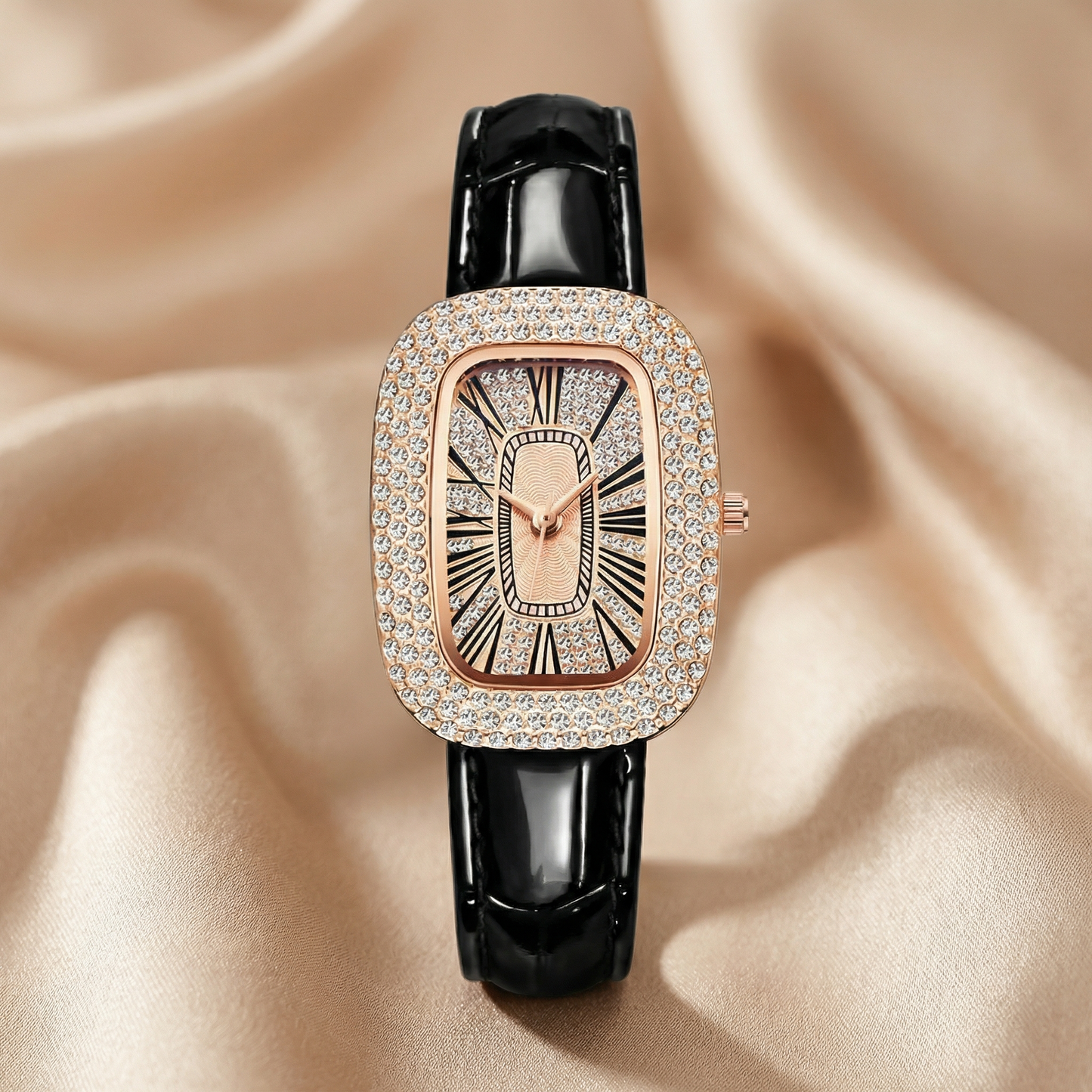 Crystal Rectangular Statement Watch with Crocodile-Style Strap in Red, Black & Green | Elegant Quartz Watch with Diamond-Style Bezel