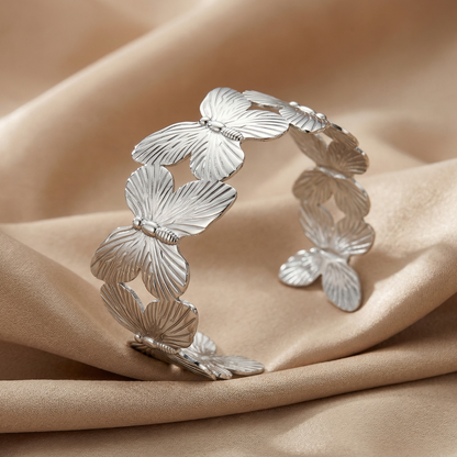Silver & Gold Butterfly Statement Cuff Bracelet with Sculpted Wings | Polished Two-Tone Open Bangle Bracelet | Elegant Luxury Jewelry