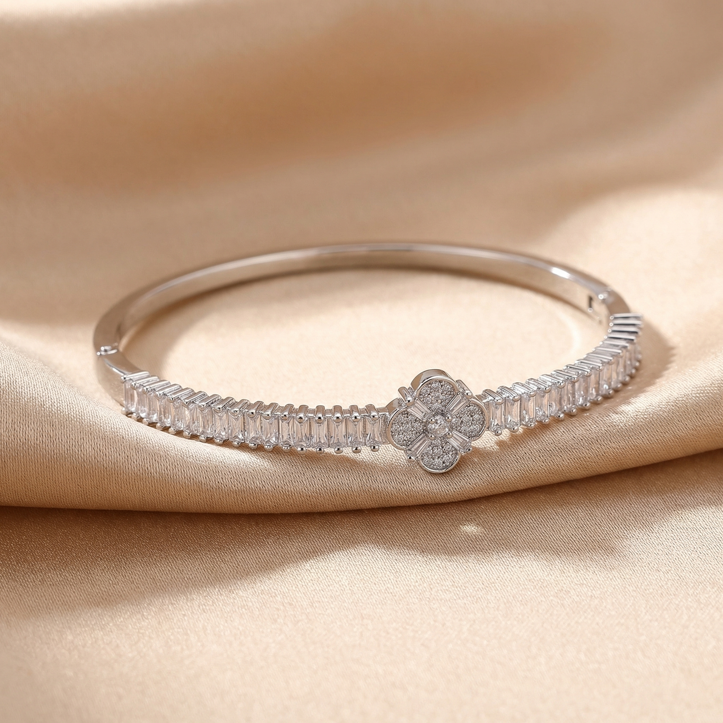 Luxury Floral Crystal Bangle Bracelet with Baguette Stones | Elegant Flower Statement Bracelet in Gold & Silver